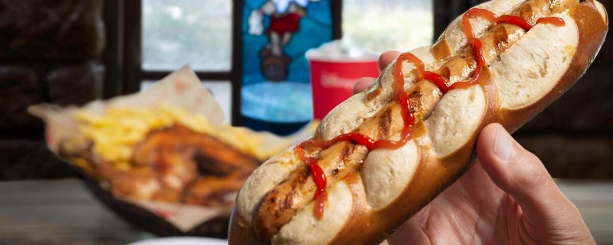 Une personne tient un hot-dog avec du ketchup dessus à Disneyland Paris.