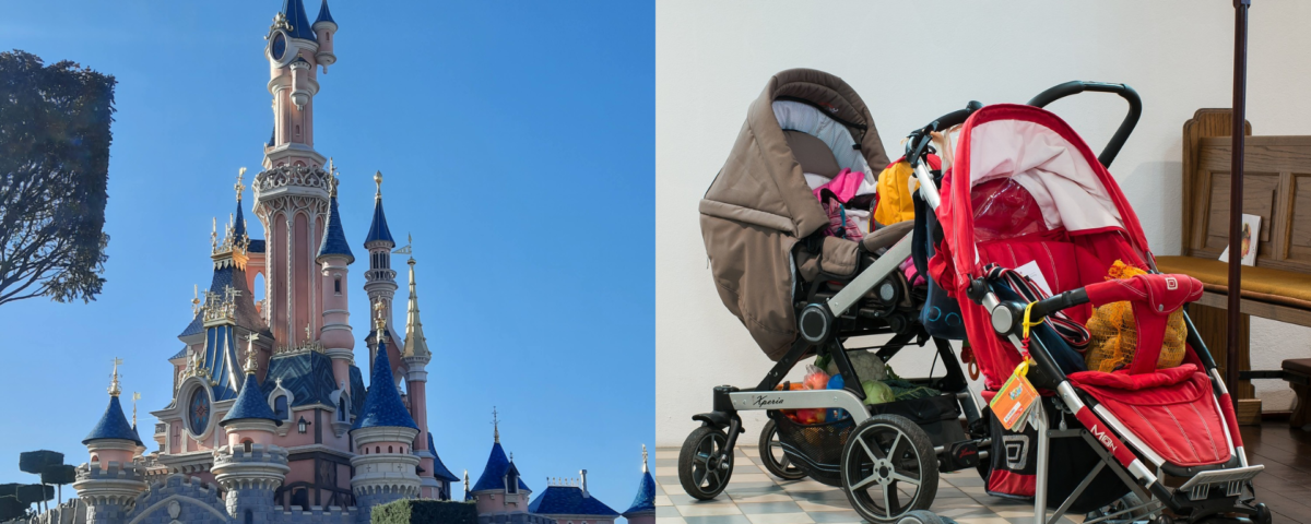 Deux photos d'une poussette devant un château et une église disponibles pour localisation.