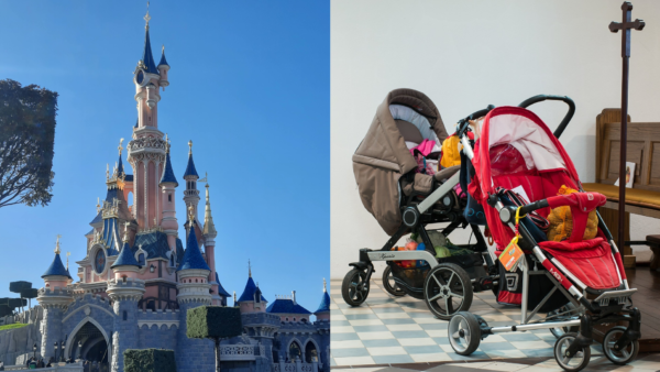 Deux photos d'une poussette devant un château et une église disponibles pour localisation.