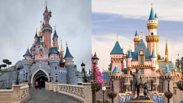 Un château Disneyland avec une statue devant.