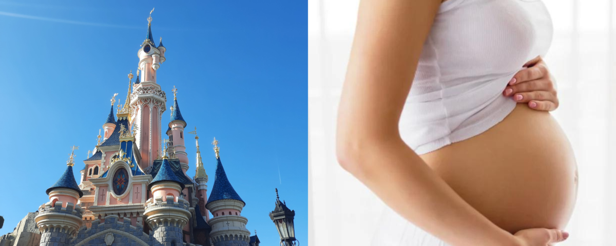 Une femme enceinte devant le château de Disneyland Paris.