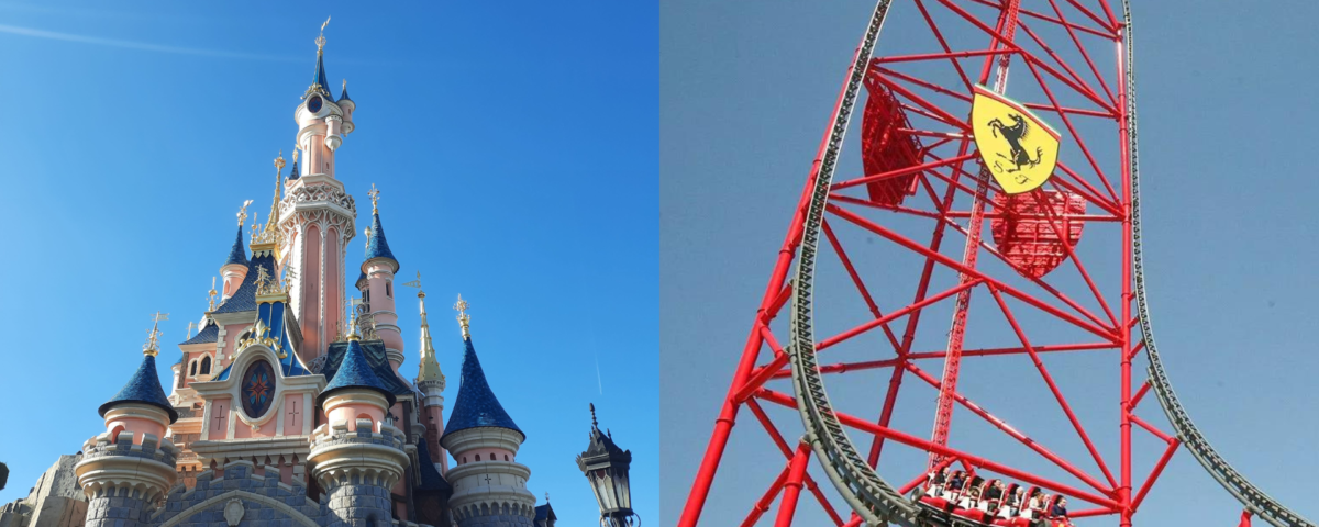 Des montagnes russes et un château à Disneyland Paris.