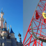 Des montagnes russes et un château à Disneyland Paris.