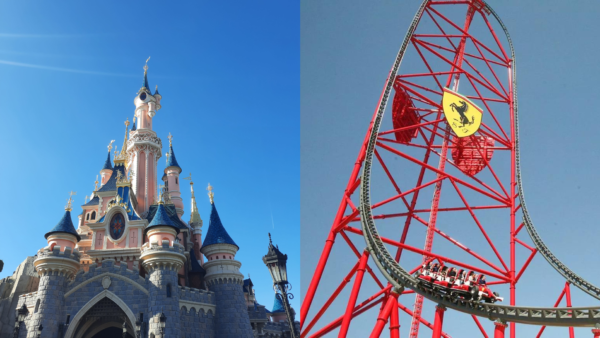 Des montagnes russes et un château à Disneyland Paris.
