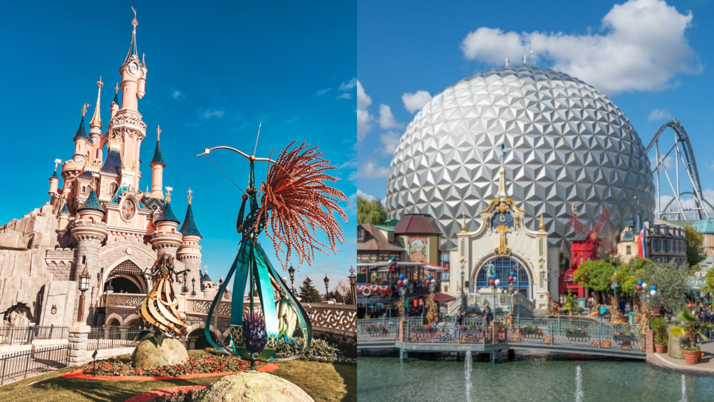 Quelques bâtiments avec un dôme et une fontaine, qui rappellent Disneyland Paris.