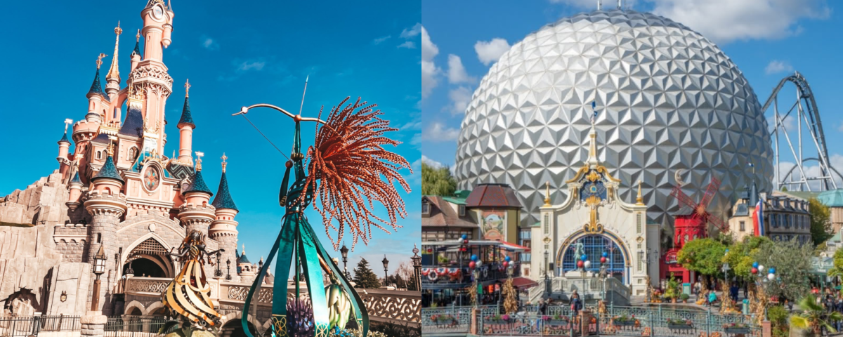 Quelques bâtiments avec un dôme et une fontaine, qui rappellent Disneyland Paris.
