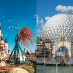 Quelques bâtiments avec un dôme et une fontaine, qui rappellent Disneyland Paris.