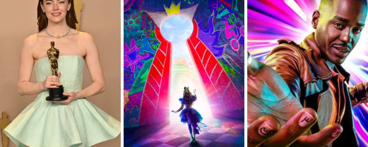 Une image triptyque représentant, de gauche à droite : une femme vêtue d'une robe bleu clair tenant une statuette d'Oscar, une scène d'animation fantaisiste de Disney avec un personnage s'approchant d'un portail lumineux,