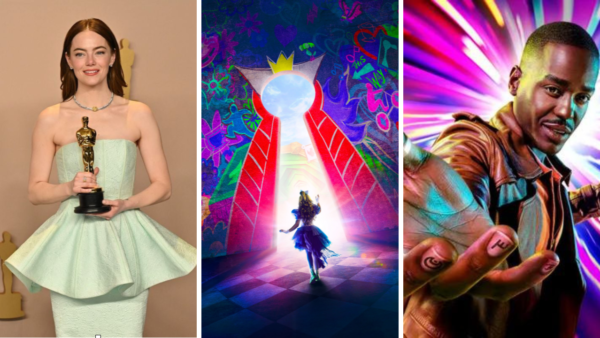 Une image triptyque représentant, de gauche à droite : une femme vêtue d'une robe bleu clair tenant une statuette d'Oscar, une scène d'animation fantaisiste de Disney avec un personnage s'approchant d'un portail lumineux,