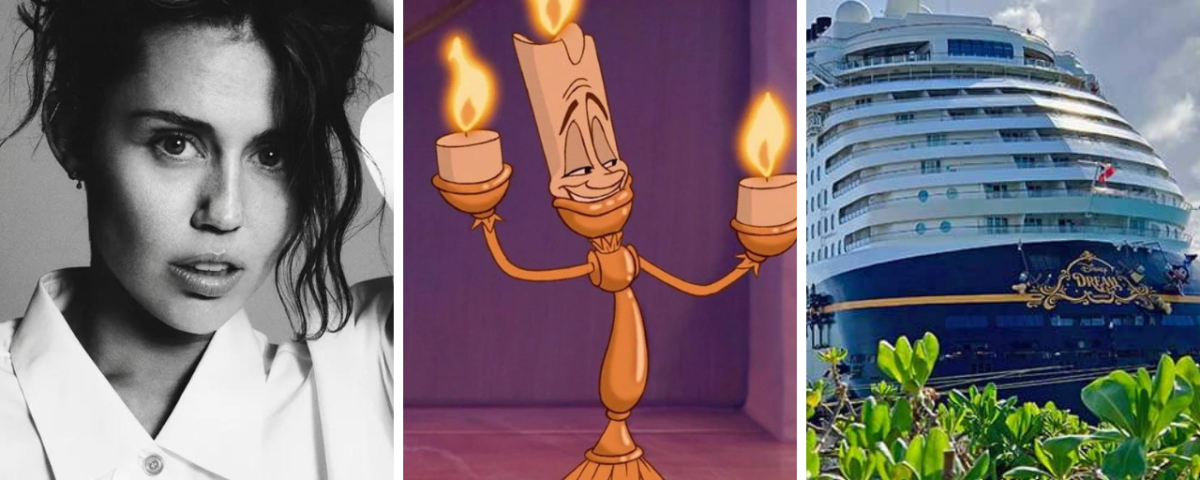 Un portrait en noir et blanc d'une femme, une illustration d'un personnage animé en chandelier de Disney et un bateau de croisière amarré dans un port.