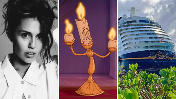 Un portrait en noir et blanc d'une femme, une illustration d'un personnage animé en chandelier de Disney et un bateau de croisière amarré dans un port.