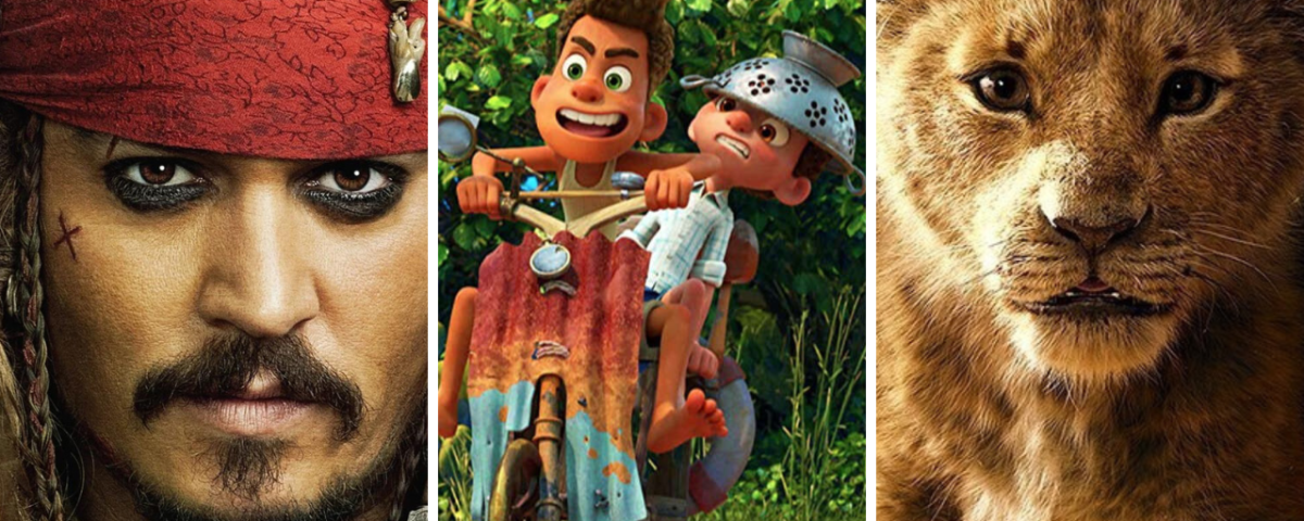 Un collage de trois personnages fictifs : un pirate de "Pirates des Caraïbes", deux hommes des cavernes animés et un lionceau de Disney.