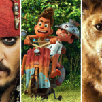 Un collage de trois personnages fictifs : un pirate de "Pirates des Caraïbes", deux hommes des cavernes animés et un lionceau de Disney.