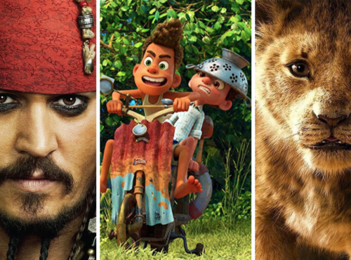 Un collage de trois personnages fictifs : un pirate de "Pirates des Caraïbes", deux hommes des cavernes animés et un lionceau de Disney.