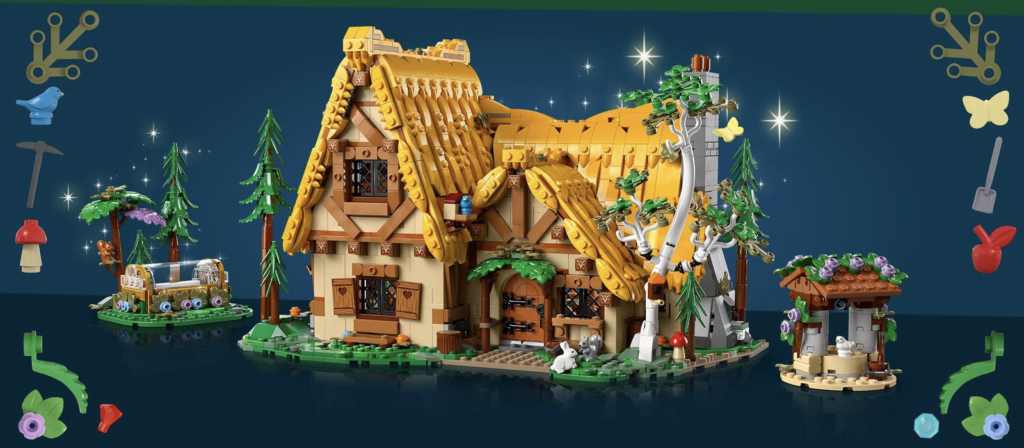 Un set Disney Lego avec une maison et des arbres.