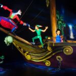 Un diorama coloré mettant en scène des personnages animés du Vol de Peter Pan à Disneyland Paris, avec le Capitaine Crochet en équilibre sur le bastingage d'un navire et Peter Pan sur le pont, tandis que Wendy et un autre personnage observent, et