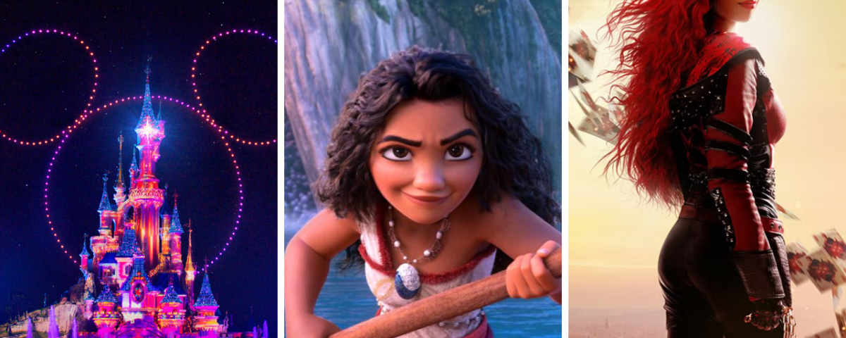 Un collage de trois images : Disneyland Paris la nuit avec un feu d'artifice, une jeune fille animée dans un canoë de Vaiana 2 et une femme en costume rouge et noir tenant une épée, surplombant un