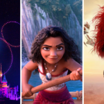 Un collage de trois images : Disneyland Paris la nuit avec un feu d'artifice, une jeune fille animée dans un canoë de Vaiana 2 et une femme en costume rouge et noir tenant une épée, surplombant un