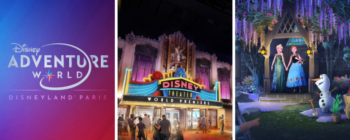 Trois images promotionnelles pour les parcs à thème Disney Adventure World montrant l'entrée des Walt Disney Studios, une première au théâtre Disneyland Paris et une attraction sur le thème de La Reine des Neiges avec Elsa, Anna et Olaf.