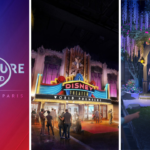 Trois images promotionnelles pour les parcs à thème Disney Adventure World montrant l'entrée des Walt Disney Studios, une première au théâtre Disneyland Paris et une attraction sur le thème de La Reine des Neiges avec Elsa, Anna et Olaf.