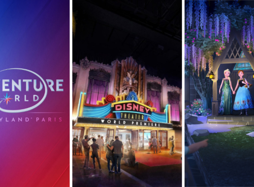 Trois images promotionnelles pour les parcs à thème Disney Adventure World montrant l'entrée des Walt Disney Studios, une première au théâtre Disneyland Paris et une attraction sur le thème de La Reine des Neiges avec Elsa, Anna et Olaf.