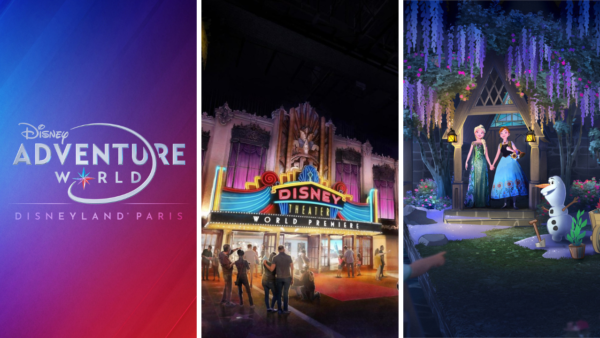 Trois images promotionnelles pour les parcs à thème Disney Adventure World montrant l'entrée des Walt Disney Studios, une première au théâtre Disneyland Paris et une attraction sur le thème de La Reine des Neiges avec Elsa, Anna et Olaf.