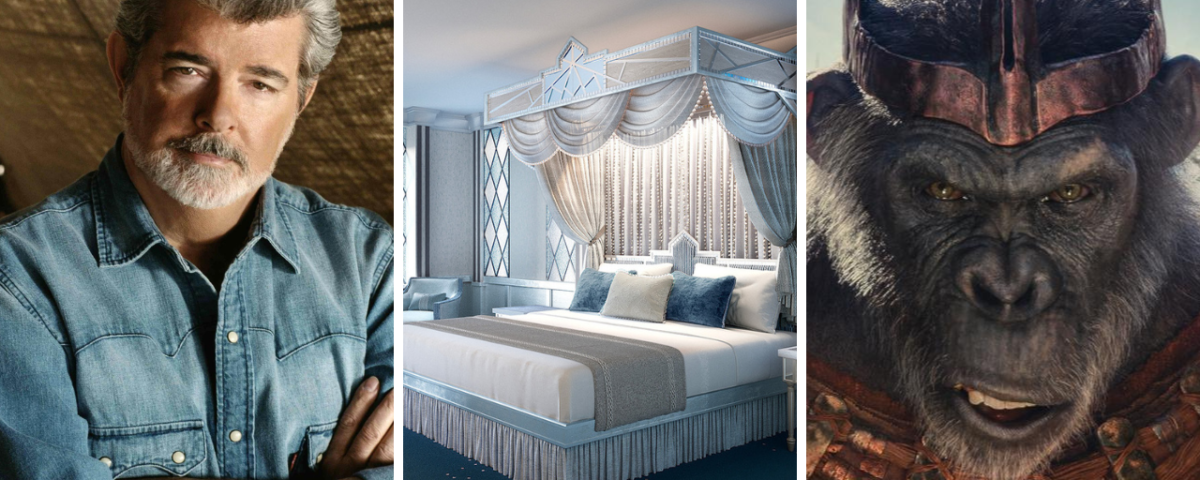 Trois images : un homme mûr aux cheveux gris et à la barbe portant une chemise en jean, une chambre luxueuse avec un lit à baldaquin orné et une représentation détaillée d'un gorille féroce en tenue de guerrier inspirée