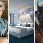 Trois images : un homme mûr aux cheveux gris et à la barbe portant une chemise en jean, une chambre luxueuse avec un lit à baldaquin orné et une représentation détaillée d'un gorille féroce en tenue de guerrier inspirée