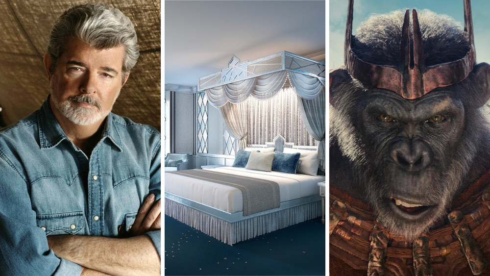 Trois images : un homme mûr aux cheveux gris et à la barbe portant une chemise en jean, une chambre luxueuse avec un lit à baldaquin orné et une représentation détaillée d'un gorille féroce en tenue de guerrier inspirée