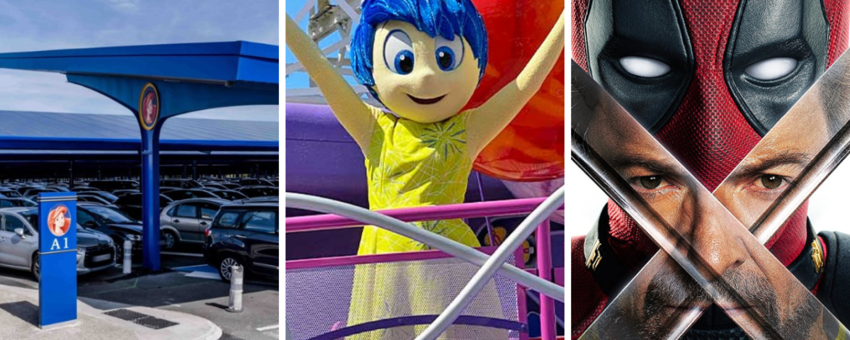 Un triptyque d'images mettant en scène un parking d'aéroport, un joyeux personnage de Pixar au sommet d'un manège de Disneyland Paris et un gros plan du visage masqué de Deadpool traversé par deux épées.