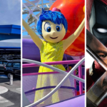 Un triptyque d'images mettant en scène un parking d'aéroport, un joyeux personnage de Pixar au sommet d'un manège de Disneyland Paris et un gros plan du visage masqué de Deadpool traversé par deux épées.