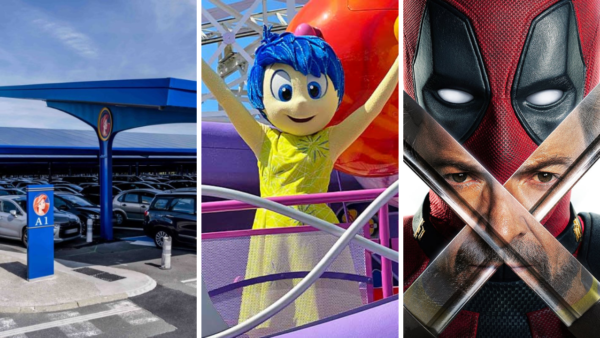 Un triptyque d'images mettant en scène un parking d'aéroport, un joyeux personnage de Pixar au sommet d'un manège de Disneyland Paris et un gros plan du visage masqué de Deadpool traversé par deux épées.