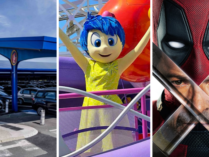 Un triptyque d'images mettant en scène un parking d'aéroport, un joyeux personnage de Pixar au sommet d'un manège de Disneyland Paris et un gros plan du visage masqué de Deadpool traversé par deux épées.