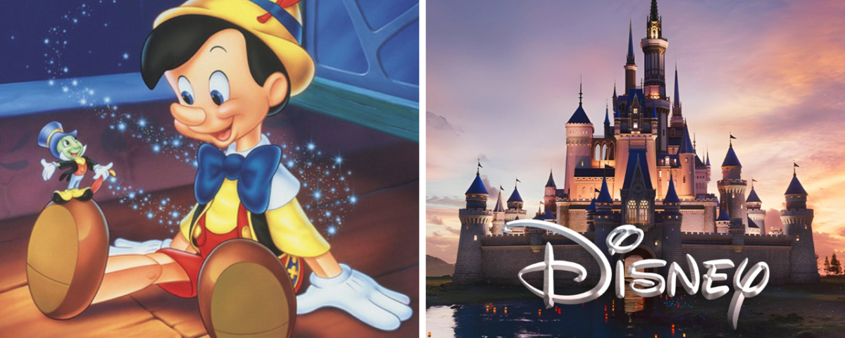 Image 1 : Pinocchio et Jiminy Cricket souriants, assis dans un décor en bois. Image 2 : Un château Disney illuminé la nuit sous un ciel étoilé avec Disney