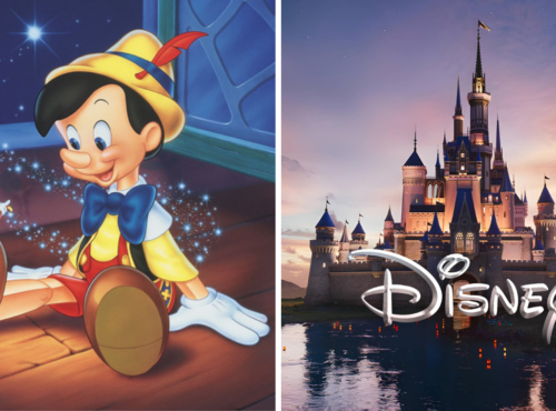 Image 1 : Pinocchio et Jiminy Cricket souriants, assis dans un décor en bois. Image 2 : Un château Disney illuminé la nuit sous un ciel étoilé avec Disney