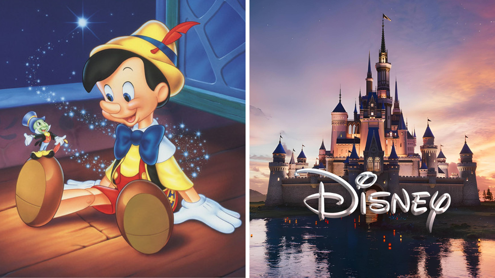 Image 1 : Pinocchio et Jiminy Cricket souriants, assis dans un décor en bois. Image 2 : Un château Disney illuminé la nuit sous un ciel étoilé avec Disney
