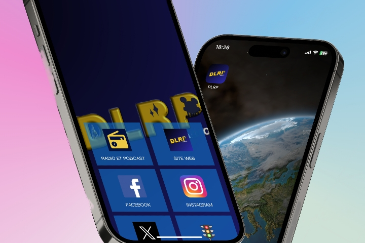 Deux smartphones affichés sur un fond dégradé, des écrans affichant une interface iOS colorée avec diverses icônes d'applications, notamment Télécharger, les réseaux sociaux et les applications d'actualités.
