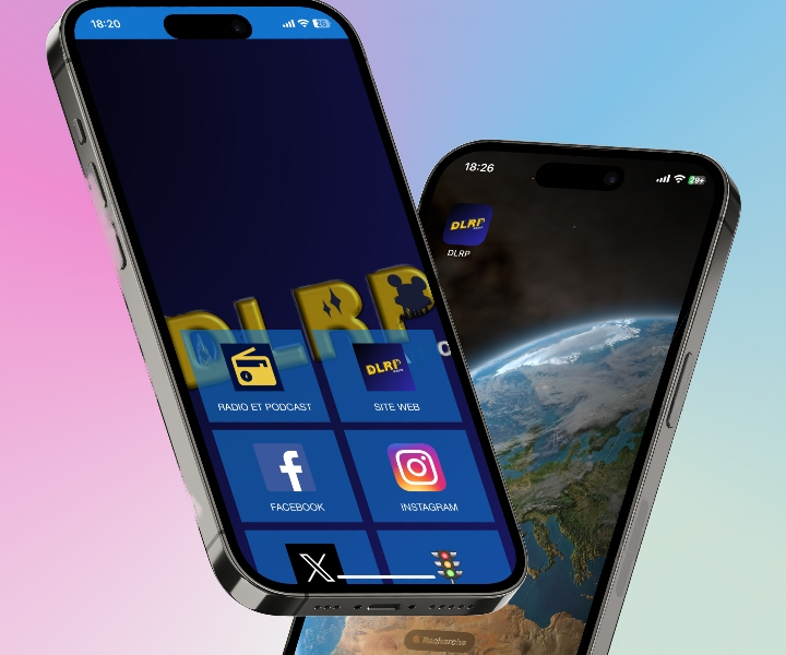 Deux smartphones affichés sur un fond dégradé, des écrans affichant une interface iOS colorée avec diverses icônes d'applications, notamment Télécharger, les réseaux sociaux et les applications d'actualités.