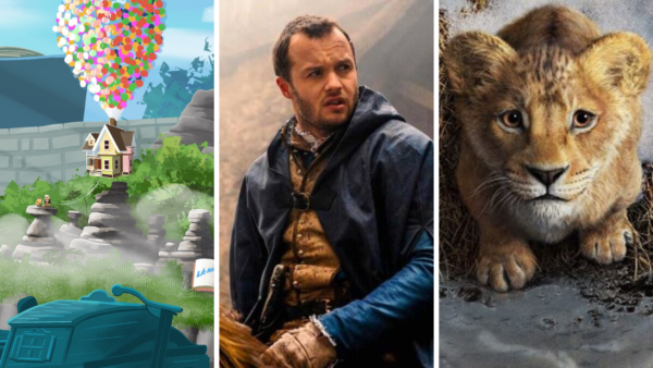 Une image triptyque représentant une maison flottante avec des ballons du film d'animation "Là-Haut", un acteur incarnant Shardlake dans un costume historique et un gros plan d'un jeune lion dans