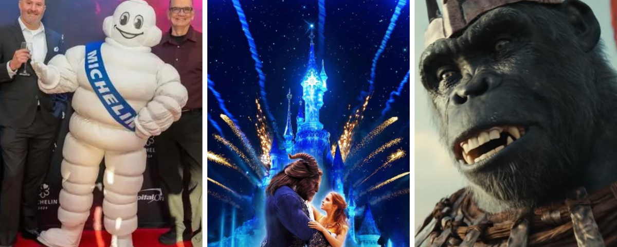 Trois images : À gauche, une personne en costume de Bonhomme Michelin posant avec deux hommes. Au milieu, un couple dansant sous les illuminations d'un château. À droite, un gros plan d'un personnage orc CGI.