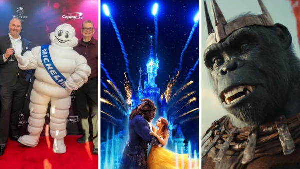 Trois images : À gauche, une personne en costume de Bonhomme Michelin posant avec deux hommes. Au milieu, un couple dansant sous les illuminations d'un château. À droite, un gros plan d'un personnage orc CGI.