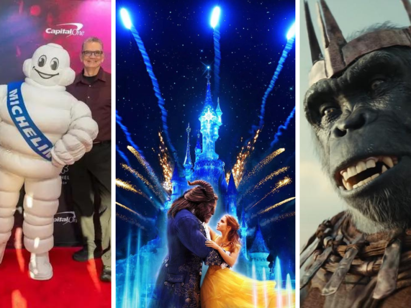 Trois images : À gauche, une personne en costume de Bonhomme Michelin posant avec deux hommes. Au milieu, un couple dansant sous les illuminations d'un château. À droite, un gros plan d'un personnage orc CGI.