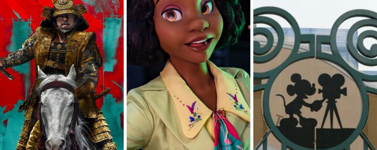 Un collage représentant : à gauche, une personne portant une armure de shogun élaborée sur un cheval ; au centre, un personnage animé féminin aux cheveux bouclés dans des vêtements colorés qui évoquent la magie Disney ; à droite, une pancarte en métal représentant deux souris tenant un appareil photo argentique.