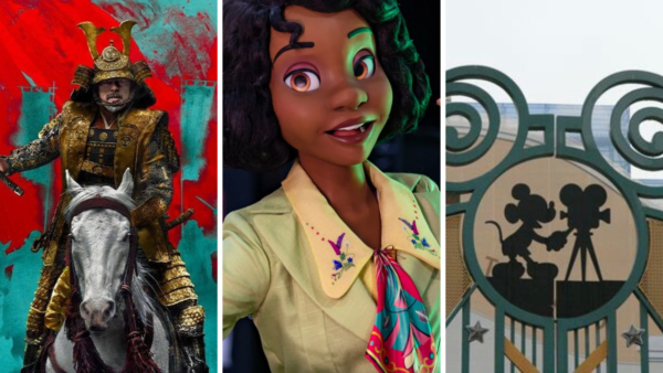 Un collage représentant : à gauche, une personne portant une armure de shogun élaborée sur un cheval ; au centre, un personnage animé féminin aux cheveux bouclés dans des vêtements colorés qui évoquent la magie Disney ; à droite, une pancarte en métal représentant deux souris tenant un appareil photo argentique.