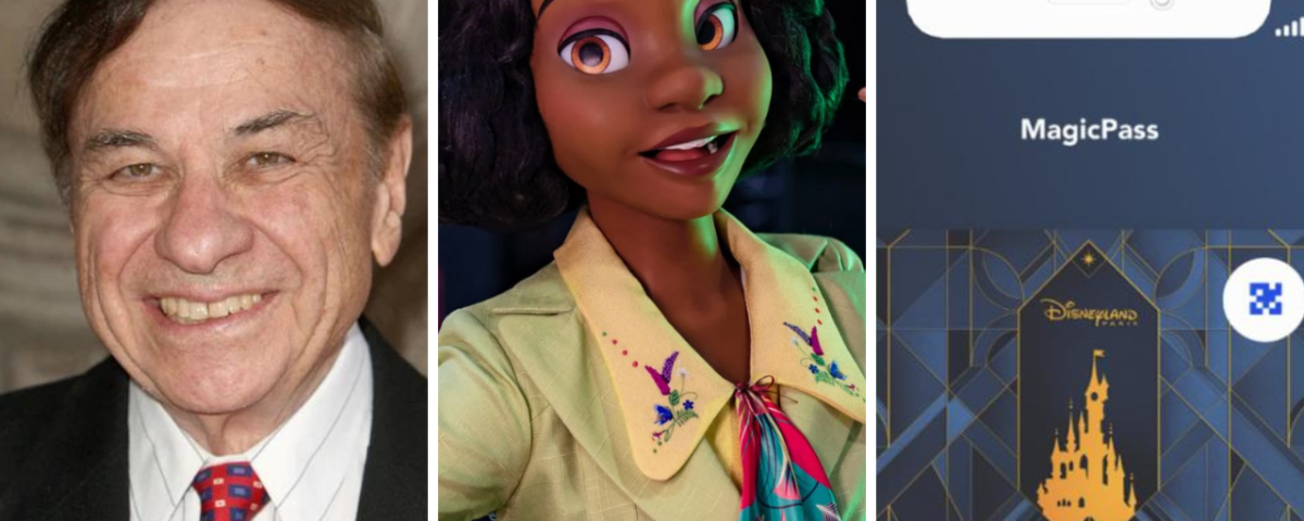 Un homme en costume, un personnage animé comme Vaiana portant une robe à col et un écran mobile affichant un Disneyland MagicPass à côté de l'entrée d'un grand hôtel.