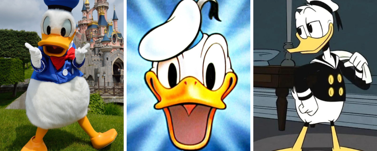 Trois images de Donald Duck de Disney : une devant un château, une en gros plan avec un fond rayonnant et une en tenue de marin noir dans une pièce.