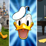 Trois images de Donald Duck de Disney : une devant un château, une en gros plan avec un fond rayonnant et une en tenue de marin noir dans une pièce.