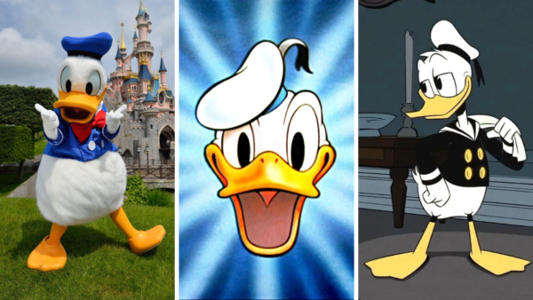 Trois images de Donald Duck de Disney : une devant un château, une en gros plan avec un fond rayonnant et une en tenue de marin noir dans une pièce.