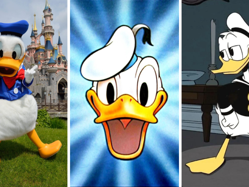 Trois images de Donald Duck de Disney : une devant un château, une en gros plan avec un fond rayonnant et une en tenue de marin noir dans une pièce.