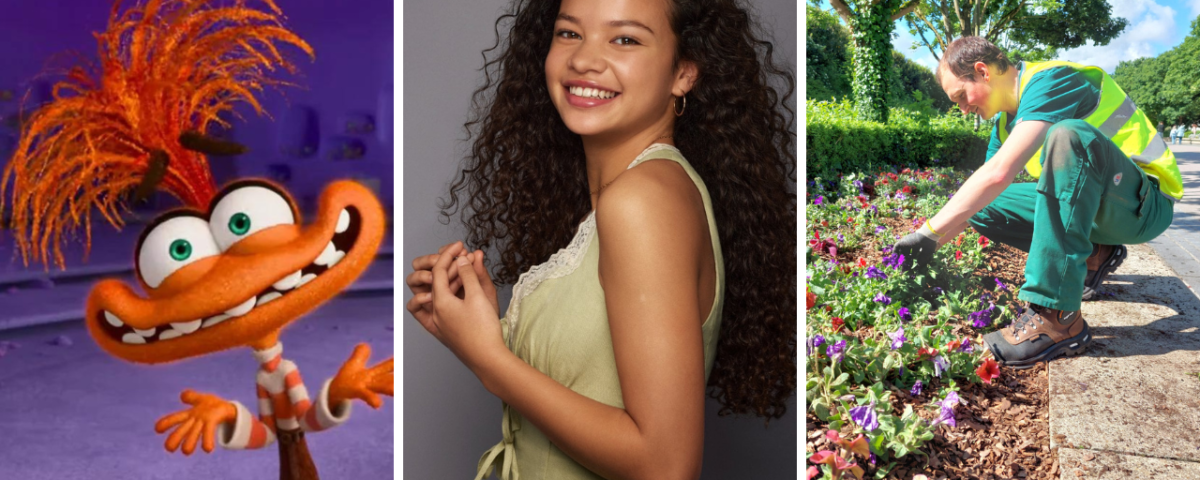 De gauche à droite : un personnage animé aux cheveux orange rappelant un film de Disney, une femme souriante aux cheveux bouclés, et une personne en tenue verte jardinant.